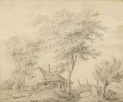 null Attribué à Jacob CATS

(1577 – 1660)

Paysage à la chaumière près d’un pont

Pierre...