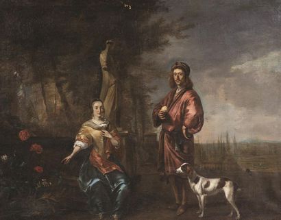 null Attribué à Jan WEENIX (1642 - Amsterdam 1719)
Couple et leur chien dans un paysage...