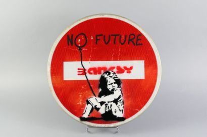  BANKSY (1974) d'après. No Future. Oeuvre sur un panneau de signalisation (sens interdit).... Gazette Drouot