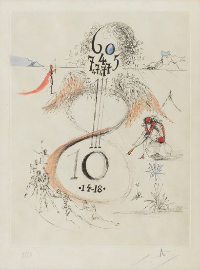  Salvador Dali (1904-1989)
Le 14-18, eau-forte sur papier Japon, signée et numérotée,... Gazette Drouot
