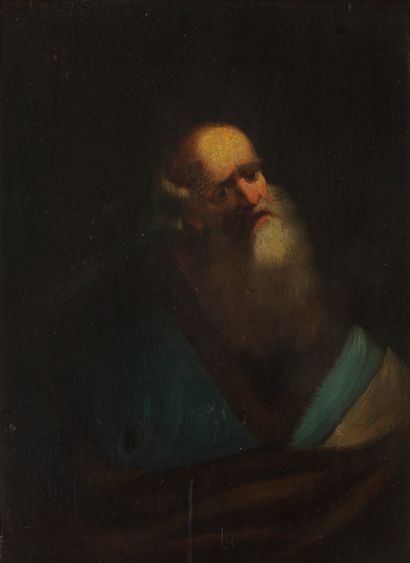  Ecole XIXe s, suiveur de Rembrandt
Vieillard au manteau bleu, huile sur panneau,... Gazette Drouot