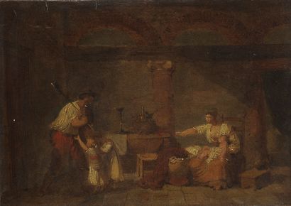  Anciennement attribué à Hubert Robert (1733-1808)
Scène intérieure, huile sur papier... Gazette Drouot