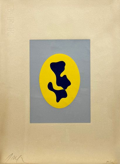  Jean Arp (1886-1966)
Composition jaune sur fond bleu, estampe, signée et numérotée... Gazette Drouot