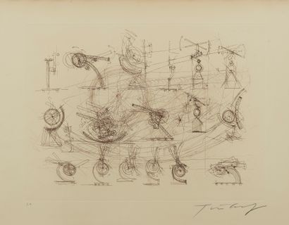  Jean Tinguely (1925-1991)
Réflexion, eau-forte, épreuve d'artiste, signée, 35x48,5... Gazette Drouot