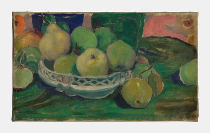  Léon Detroy (1857-1955)
Nature morte aux pommes, huile sur toile, signée, 32x55... Gazette Drouot