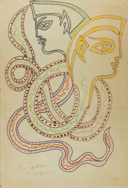  Jean Cocteau (1889-1963)
Deux serpents anthropomorphes, crayons de couleur, pastel... Gazette Drouot