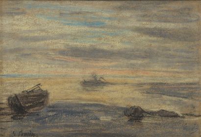  Eugène Boudin (1824-1898)
Barque en bord de mer, pastel sur papier, signé, 14,5x21... Gazette Drouot