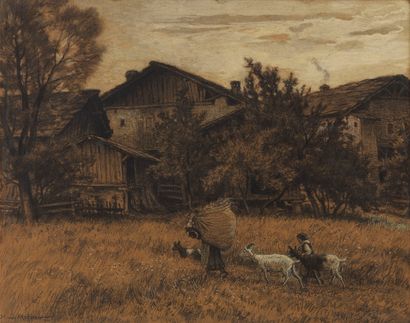  Henri Van Muyden (1860-1936)
La vie champêtre dans la vallée, fusain et craie blanche,... Gazette Drouot