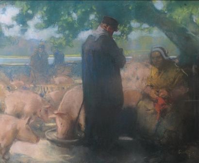 Louis FORTUNEY - 1878-1950 BRETAGNE, LE MARCHÉ AUX BESTIAUX Pastel signé des initiales...