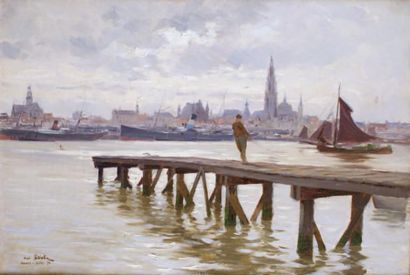 Henri SANTIN - 1846-1899 LE PORT D'ANVERS, 1892 Huile sur toile signée en bas à gauche....