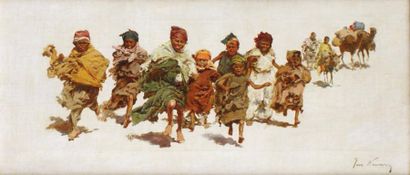 José NAVARRO (né en 1850) LES ENFANTS COURANT PRÈS DES DROMADAIRES Huile sur toile...