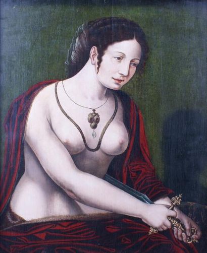 null Maître des demi-figures féminines, XVIe siècle LE SUICIDE DE LUCRÈCE Huile sur...