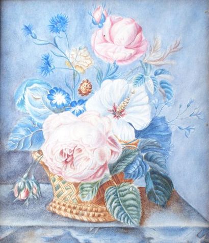 Marie DOUBLET - 1677-1768 CORBEILLE DE FLEURS SUR UN ENTABLEMENT Aquarelle et pastel...