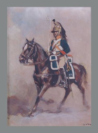WIBAULT Marcel (1904-1998) « Dragon du 27e régiment, à cheval » Huile sur toile signée...