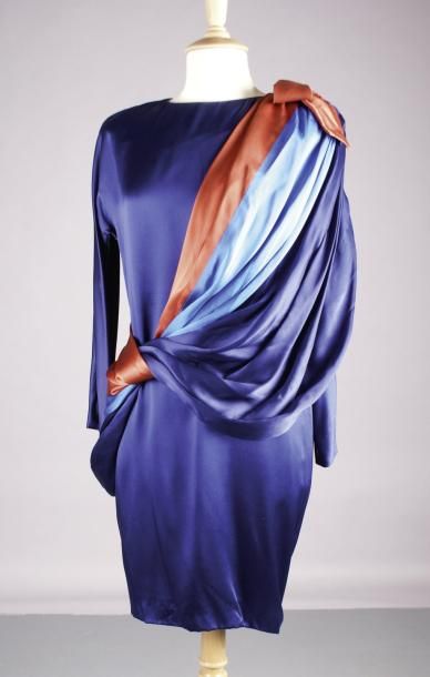 Pierre CARDIN Haute Couture ROBE avec drapé écharpe bleu roi, bleu marine et rou...