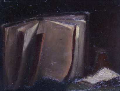 Léon JALLOT - 1874-1967 NATURE MORTE AU LIVRE OUVERT, 1892 Huile sur panneau. 16...