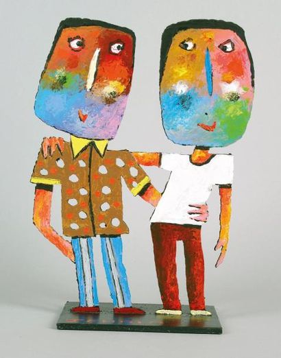 Christophe JEHAN (né en 1961) LES DEUX AMIS Métal peint signé. Haut.: 31 cm