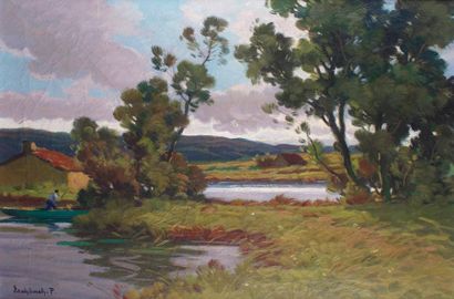 Paul André ESCHBACH - 1881-1961 BORD DE RIVIÈRE Huile sur toile, signée en bas à...