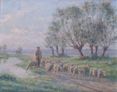 Félix PLANQUETTE - 1873-1964 LE TROUPEAU DE MOUTONS Huile sur toile, signée en bas...