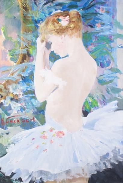 Nicolaï BASKAROV - 1918-1993 BALLERINE AU JARDIN Huile sur toile, signée en bas à...