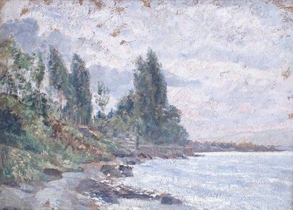 Joseph PEROLLE - 1829-1901 BORD DE LAC À THONON Huile sur panneau, signée en bas...