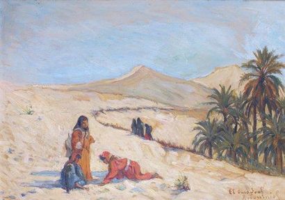 Renée TOURNIOL - 1876-1953 CONVERSATION À OUED SOUF EN ALGÉRIE Huile sur panneau,...