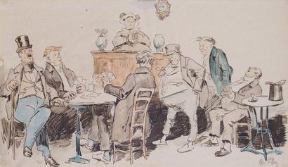 Henri PILLE - 1844-1897 LA PARTIE DE CARTES Encre de Chine et aquarelle. 17,5 x 30...