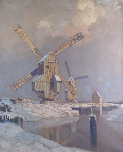 Léon BROQUET - 1869-1936 LES MOULINS À VENT Huile sur toile, signée en bas à gauche....