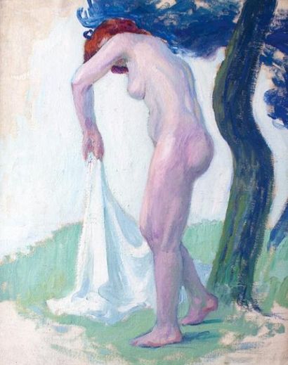 Paul MADELINE - 1863-1920 LA BAIGNEUSE Huile sur toile. 55 x 46 Provenance: vente...