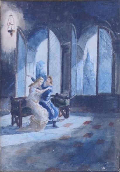 ÉCOLE FRANÇAISE du XIXe siècle AMOUREUX DANS UN INTÉRIEUR GOTHIQUE Aquarelle. Cadre...