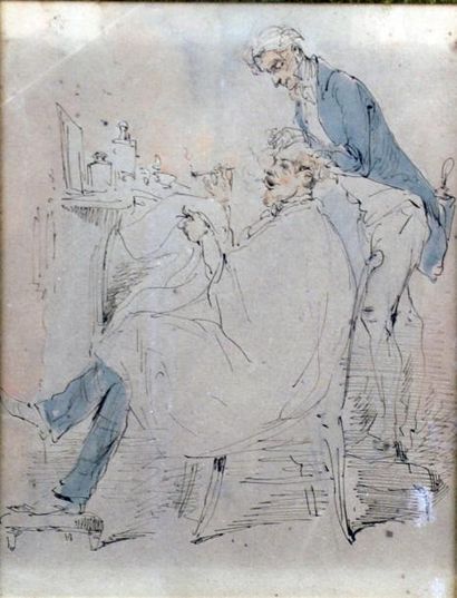 Paul GAVARNI 1804-1866 CHEZ LE COIFFEUR Encre de Chine et aquarelle. 16 x 12,5