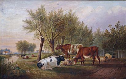 Thomas Sidney COOPER - 1803-1902 LES VACHES. Huile sur toile, signée en bas à droite....