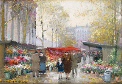 Édouard CORTES - 1882-1969 PARIS, LE MARCHÉ AUX FLEURS PLACE DE LA MADELEINE. Huile...