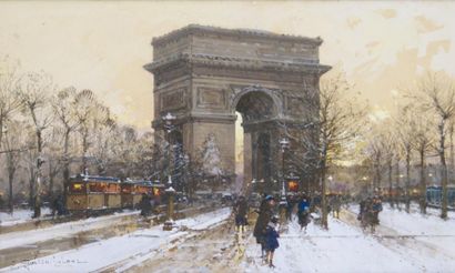 Eugène GALIEN-LALOUE - 1854-1941 PARIS, L'ARC DE TRIOMPHE Gouache, signée en bas...