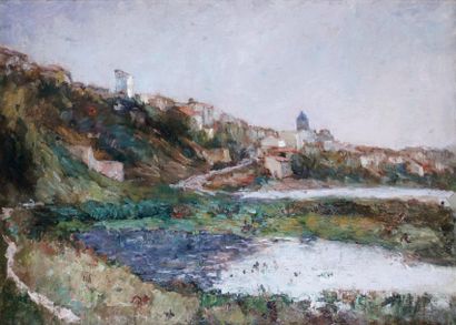 Albert LEBOURG - 1849-1928 L'ALLIER À PONT-DU-CHATEAU DANS LE PUY-DE-DÔME. Huile...