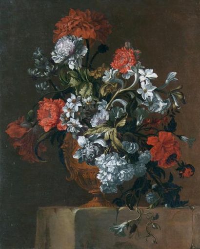 ÉCOLE FRANÇAISE du XVIIIe siècle Vase de fleurs sur un entablement Huile sur toile....