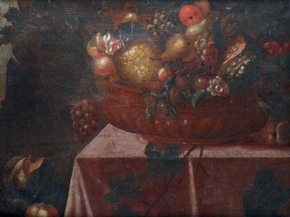 ÉCOLE ESPAGNOLE, vers 1700 Nature morte, coupe de fruits sur un entablement Toile...