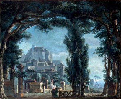 ÉCOLE FRANÇAISE, vers 1800 Cité antique surplombant un cimetière Gouache. 29,5 x...