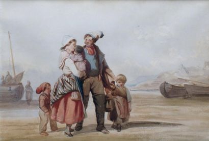 ÉCOLE FRANÇAISE du XIXe siècle Le retour des pêcheurs Aquarelle. 24 x 36