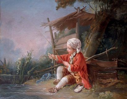 ÉCOLE FRANÇAISE du XIXe siècle, suiveur de François BOUCHER Le petit pêcheur Huile...