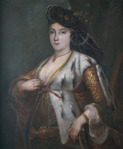 ÉCOLE ANGLAISE, vers 1700 Portrait de femme portant un manteau bordé d'hermine Toile....
