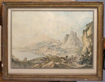 Claude-Louis CHATELET (1753-1794) Personnages au bord d'un lac en Italie Plume, encre...