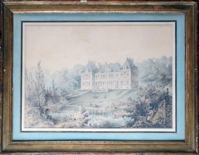 ÉCOLE FRANÇAISE du XIXe siècle Parc animé devant le chateau Aquarelle. 28 x 40