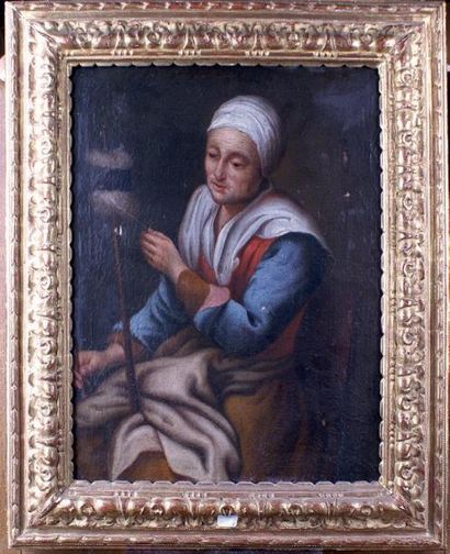 ÉCOLE FRANÇAISE du XVIIe siècle Femme à la quenouille Huile sur toile. (Accident...