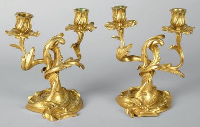 null PAIRE DE CANDÉLABRES à deux lumières en bronze doré d'époque Louis XV à décor...
