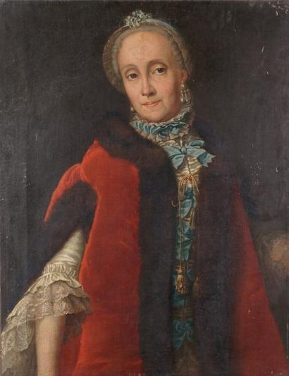 ÉCOLE FRANÇAISE du XVIIIe siècle Portrait de femme au manteau rouge bordé de fourrure...