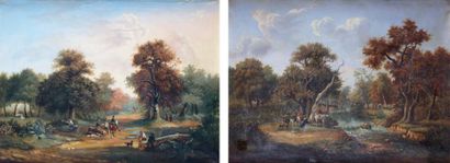 ÉCOLE FRANÇAISE de la fin du XIXe siècle Paysages de forêts animés Huiles sur toile,...