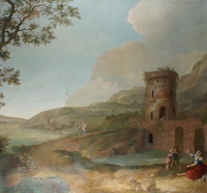 ÉCOLE FRANÇAISE de la fin du XVIIIe, début du XIXe siècle Paysage lacustre animé...