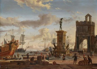 Abraham STORCK (1635-1710) Orientaux dans un port méditerranéen Panneau de chêne,...