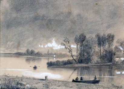 HENRY, École française XIXe siècle Rameurs au coucher de soleil, 1863 Fusain et craie...